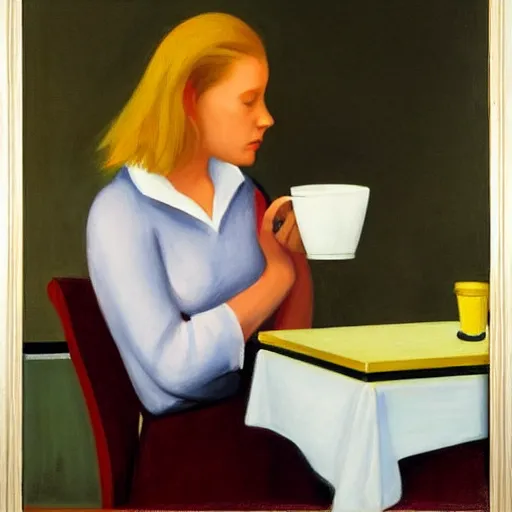 Prompt: golden retriever puppy sitting at a diner drinking a cup of coffee, looking melancholy, Edward Hopper