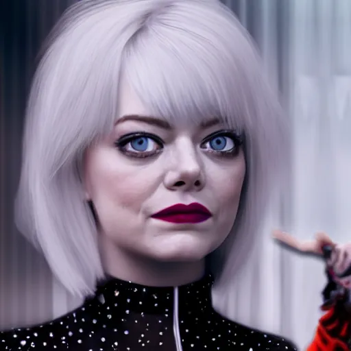 Image similar to toddler emma stone with black - and - white hair, like cruella haircut, in a room, cinematic, movie scene, vivid colors, detailed, 8 k
