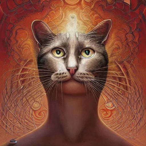 Image similar to a cat having an ego trip, by alex grey, by Esao Andrews and Karol Bak and Zdzislaw Beksinski and Zdzisław Beksiński, trending on ArtStation