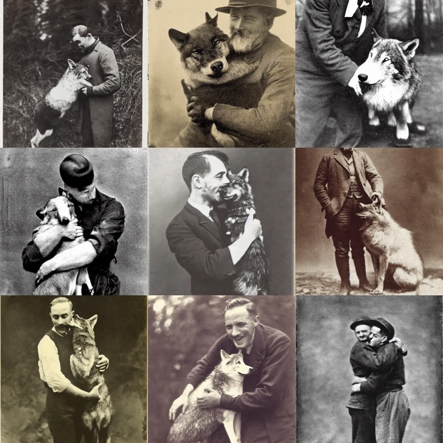 Prompt: early 1 9 0 0 s photograph of a man hugging a happy wolf,