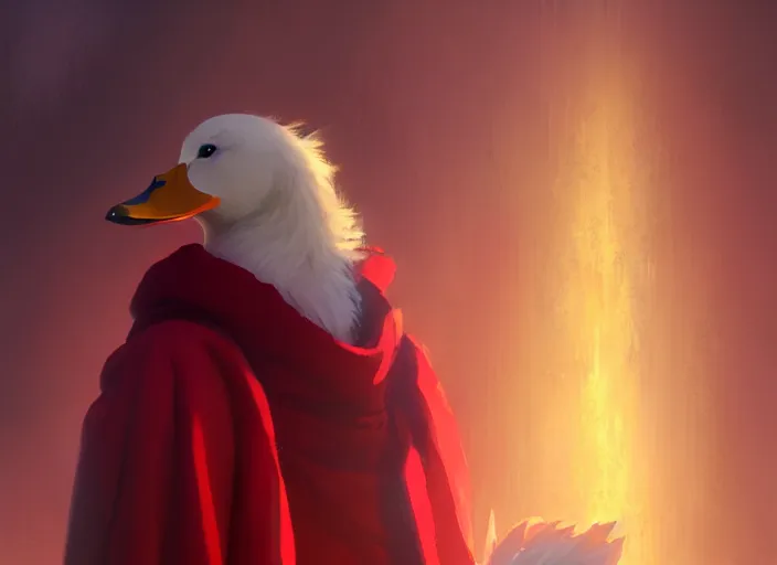 Image similar to cute fluffy mallard duck wearing red cultist robe, details, fantasy, epic, sacrificial altar, landscape illustration concept art anime key visual trending pixiv fanbox by wlop and greg rutkowski and makoto shinkai and studio ghibli and kyoto animation symmetrical facial features