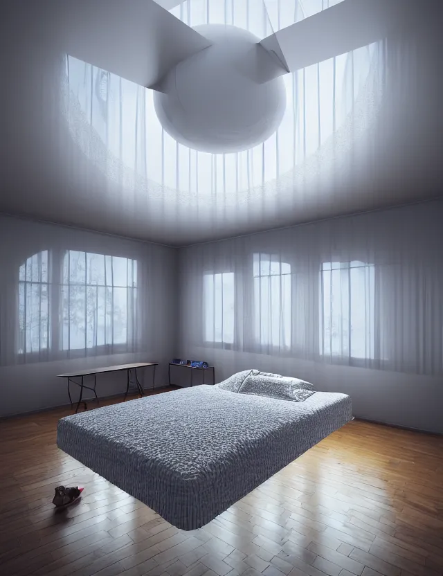 Image similar to an ultra wide angle photo of a bed hovering above the floor in the middle of a giant bedroom with windows opening to other worlds by casey weldon and lee madgewick, photorealistic, octane render, recursive!!!!, flowing, cascading, multiverse!!!!, labyrinthine