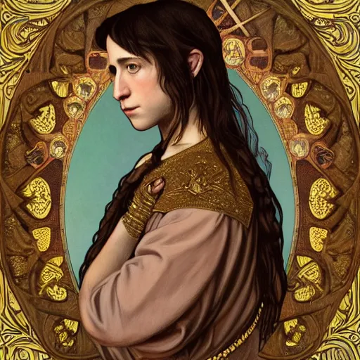 Image similar to portrait of charlotte gainsbourg as joan of arc, hyperreal digital painting, iconography influenced by alphonse mucha and eugene delacroix, arstation and deviantart trends, high resolution 8 k