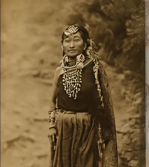 Prompt: vintage_portrait_photo_of_a_beautiful_nepalese_maiden in the himalayan mountains