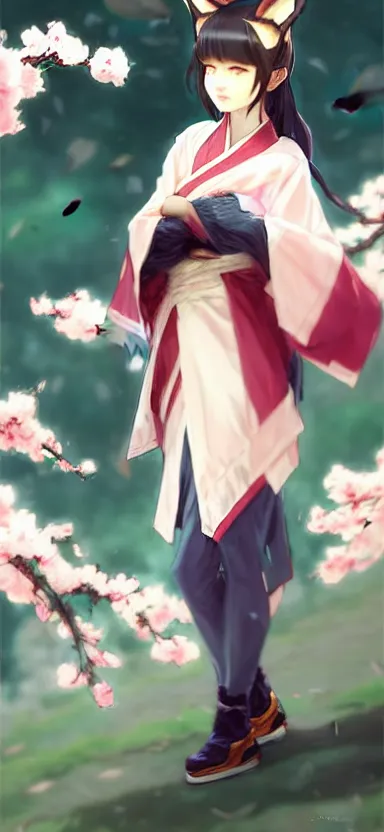 Image similar to a league of legends concept art of a cute girl with fox ears wearing kimono at a sakura tree, art by cushart krentz and greg rutkowski, 8 k resolution, high quality, highly detailed, long hair, fantasy style, empty background, illustration, hyperrealism, octane render, commission art, trending on artstation, pinterest