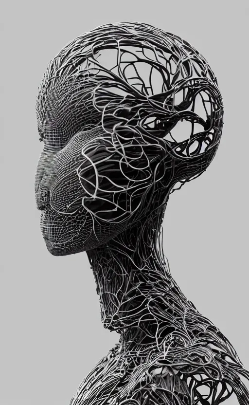 Image similar to black and white complex 3d render of a beautiful profile woman face, vegetal dragon cyborg, 150 mm, magnolia stems, roots, fine lace, maze like, mandelbot fractal, anatomical, facial muscles, cable wires, microchip, elegant, highly detailed, black metalic carbon armour, rim light, octane render, H.R. Giger style