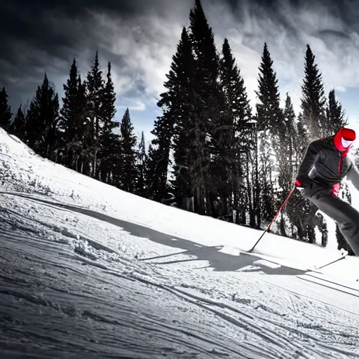 Image similar to portrait of nosferatu skiing alone, sport photography
