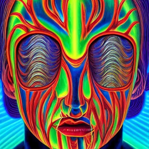 Image similar to Alex Grey painting of a migraine