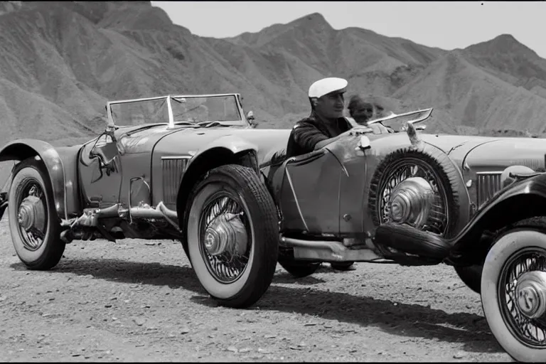 Prompt: mercedes benz 7 1 0 ssk trossi roadster 1 9 3 2, dakar rally footage, speed, bladerunner