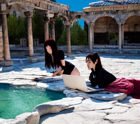Image similar to Lee Jin-Eun hacking a laptop at Pamukkale by Martine Johanna, rule of thirds, seductive look, beautiful