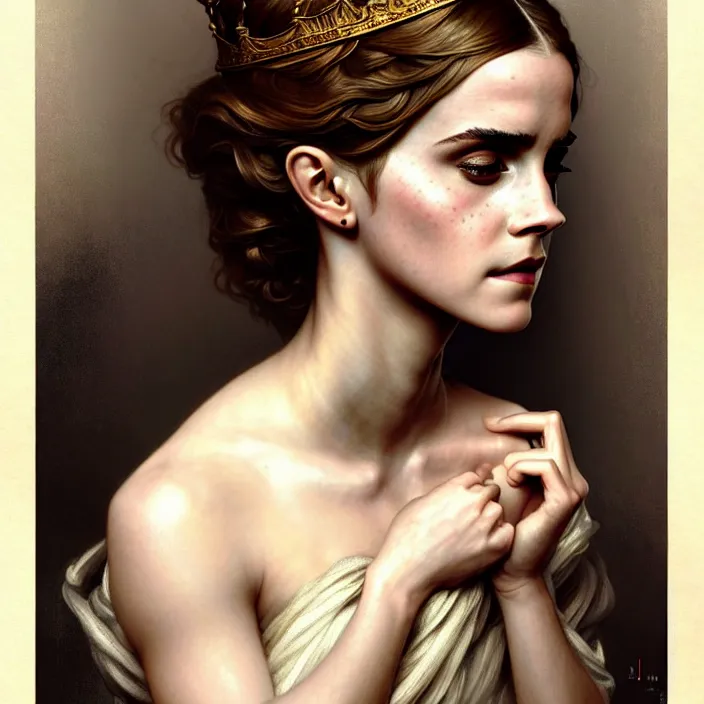 Image similar to ancient queen emma watson, diffuse lighting, fantasy, intricate, elegant, symetrical, highly detailed, lifelike, photorealistic, digital painting, artstation, illustration, concept art, smooth, sharp focus, art by john collier and albert aublet and krenz cushart and artem demura and alphonse mucha