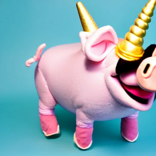 Image similar to studio photograph of a flying smiling pig with unicorn horn depicted as a muppet