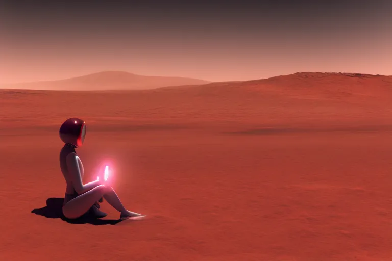 Image similar to a beautiful girl robot sitting on mars relaxing, red lighting, mist, blender render,