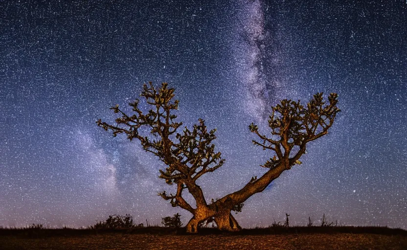 Prompt: night photography of a tree with starry sky