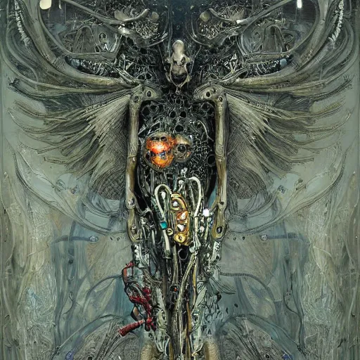 Image similar to winged cybernetic demon trapped in biomechanical circuitry, intricate detail, miro, royo, whealan, klimt,