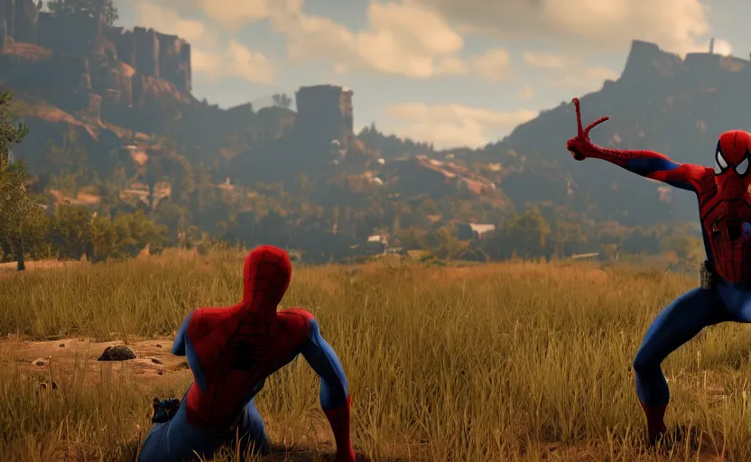 Prompt: Screenshot of Spiderman in Red Dead Redemption 2,