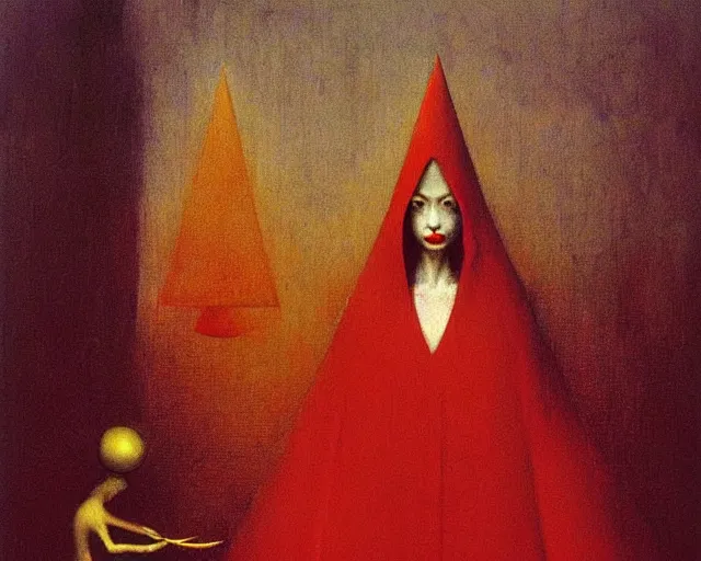 Image similar to devotion to the scarlet woman, priestess in a conical hat, coronation, ritual, sacrament, by francis bacon, beksinski, bosch, mystical redscale photography, opulence, luxury, maximalism.