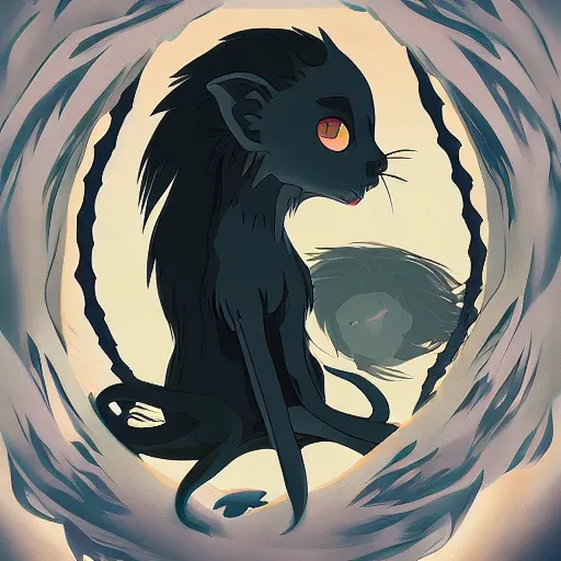 Image similar to black creature with big eyes in ghibli artstyle, high details, high quality, 4 k