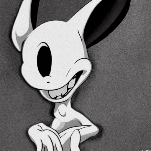 Image similar to A extremely highly detailed majestic hi-res beautiful, highly detailed head and shoulders portrait of a scary terrifying, horrifying, still of a creepy black cartoon rabbit in eraserhead with scary big eyes, earing a shirt laughing, hey buddy, let's be friends, in the style of Walt Disney animation