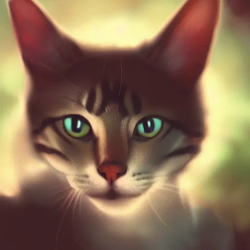 Image similar to portrait of a cat in a forest, by kawacy, sunlight, trending on pixiv, bokeh, furry art, anime, dramatic lighting, digital art