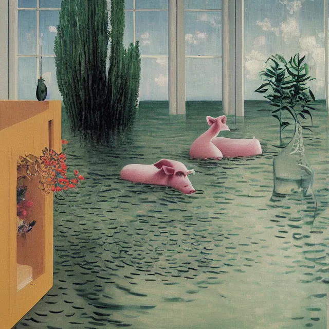 Prompt: painting of flood waters inside an apartment, zen, a tall catgirl art student, a river flooding inside, tangello, art supplies in a glass vase, pigs, ikebana, water, river, rapids, waterfall, black swans, canoe, pomegranate, berries dripping, acrylic on canvas, surrealist, by magritte and monet