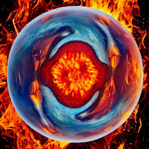 Prompt: water, fire, earth and air in one element, swirling around in a sphere