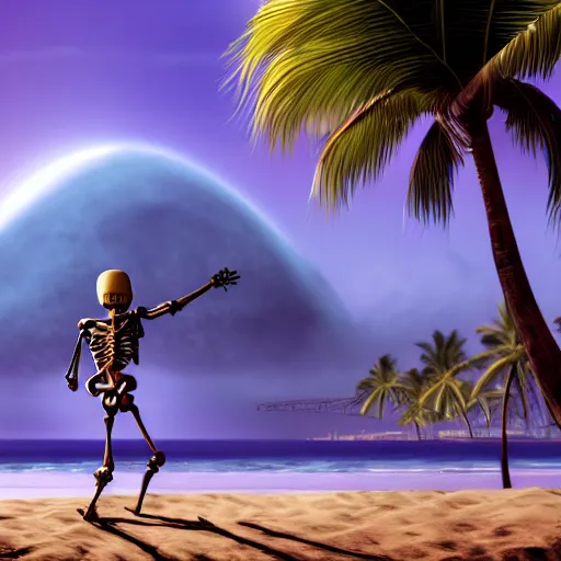 Prompt: High resolution photo of relaxed skeleton walking on the tropical beach with nuclear bomb explosion on the ocean, high quality, trending on Artstation, highly detailed big nuclear explosion in the background, realistic, vibrant light color scheme, anatomically accurate skeleton, coherent, photorealism, daylight