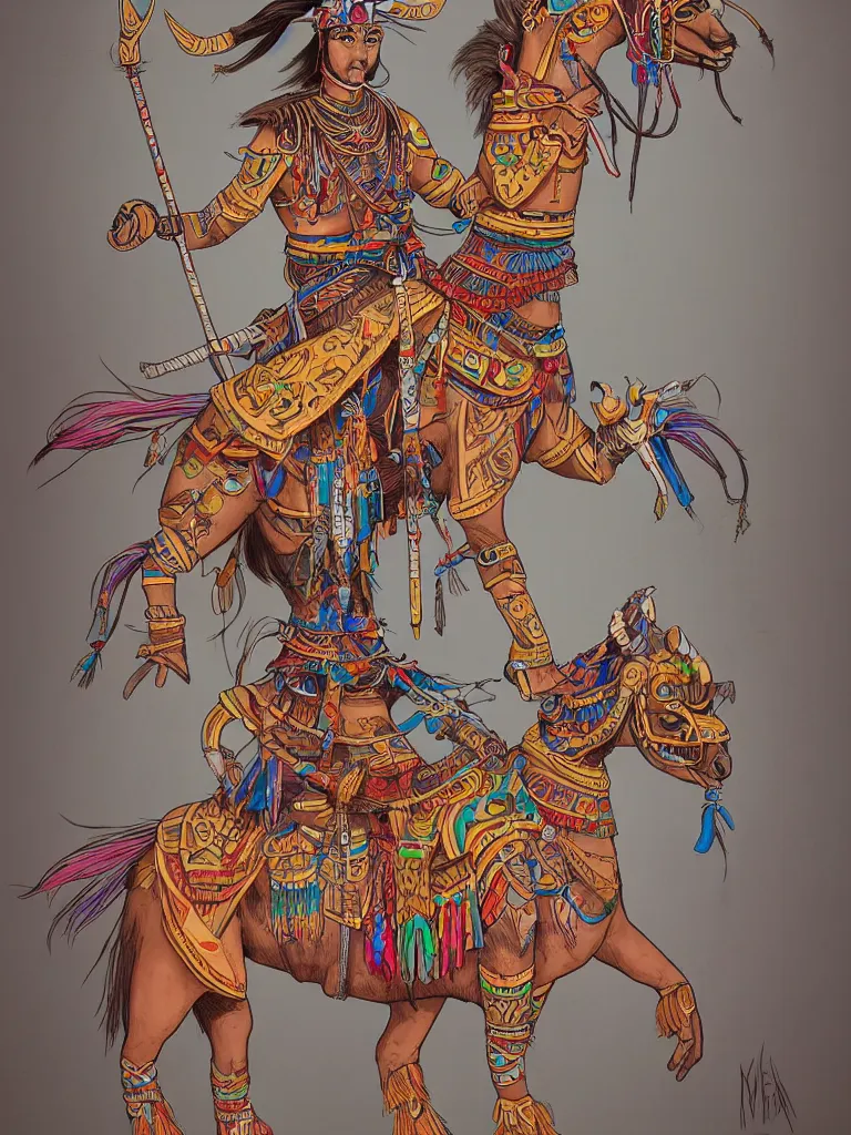 Prompt: full body of warrior riding a long neck lama with tribal decorations and tattoos, art by moebius, clean line, colorful comics style, artstation