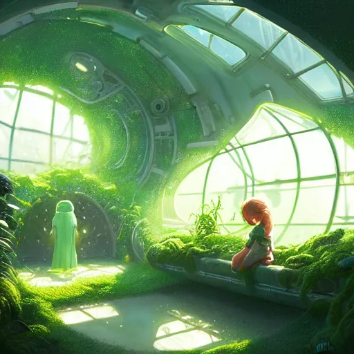 Image similar to , little child and grandma in sci - fi green house, spaceship, plants, stephen bliss, misty, unreal engine, pixar, fantasy art by greg rutkowski, loish, ferdinand knab, and lois van rossdraws, global illumination, radiant light, minimalist, detailed and intricate environment