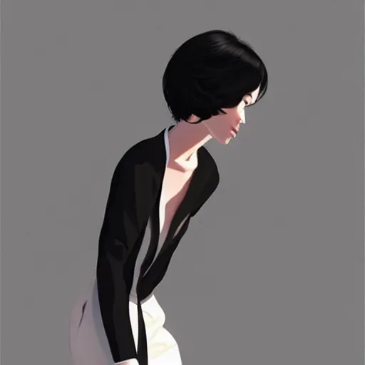 Image similar to slim girl in tuxedo with short black hair, elegant, 2d, ultra highly detailed, digital painting, smooth, sharp focus, artstation, art by Ilya Kuvshinov