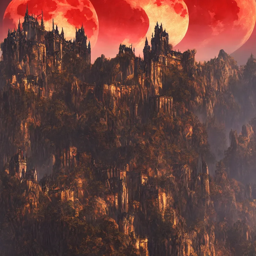 Prompt: A beautiful painting of a large gothic castle on a cliff with a red moon shining in the sky, Castlevania, Dark Fantasy, 8k