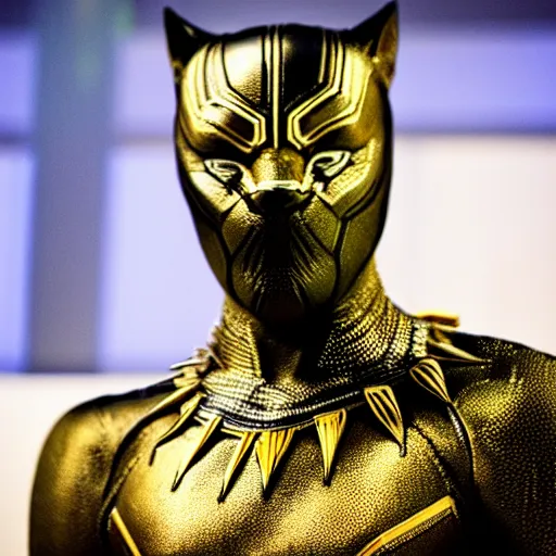 Prompt: a close up shot of a golden statue of black panther, detailed, 8K, epic,