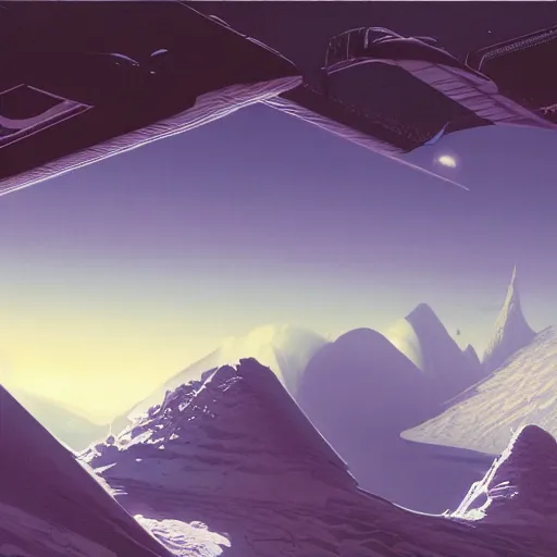 Image similar to Frozen frontiers on an alien planet, floating mountains above clouds in the background, vanishing perspective of a road, ravine, Syd Mead, John Harris, Federico Pelat,