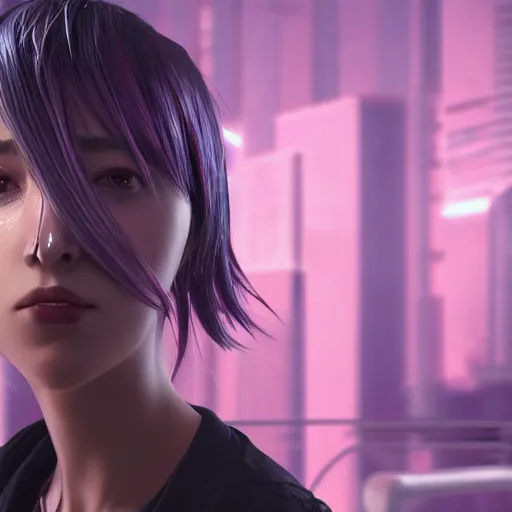 Prompt: « attractive, girl, black and pink hair middle length, ghost in the shell, unreal engine 5, highly detailed, photorealistic, 4 k »