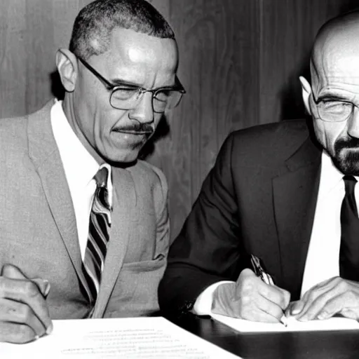 Image similar to Walter White and Barack Obama signing an agreement, 1967 photo