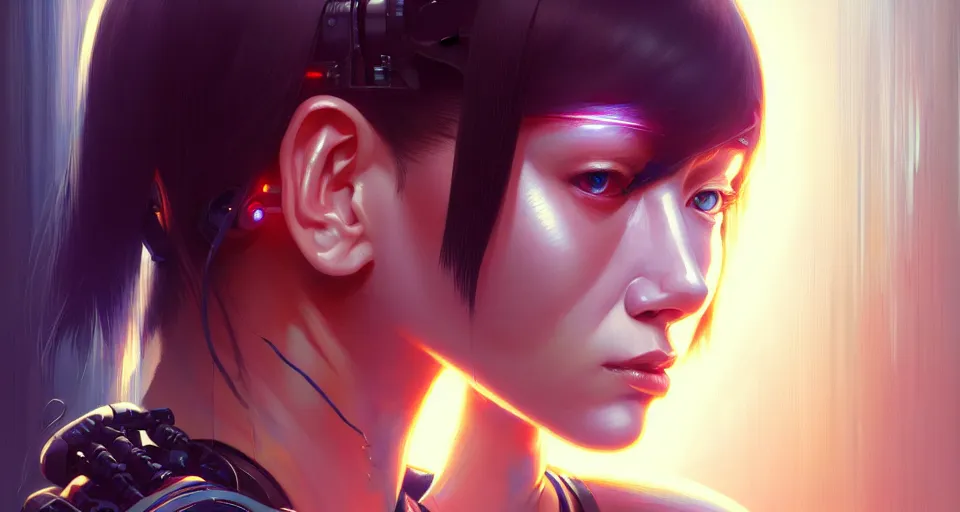 Image similar to potrait of a cyborg cyberpunk girl, fine - face, realistic shaded perfect face, fine details. starlight, realistic shaded lighting poster by ilya kuvshinov katsuhiro otomo ghost - in - the - shell, magali villeneuve, artgerm, jeremy lipkin and michael garmash, rob rey and kentaro miura style, trending on art station