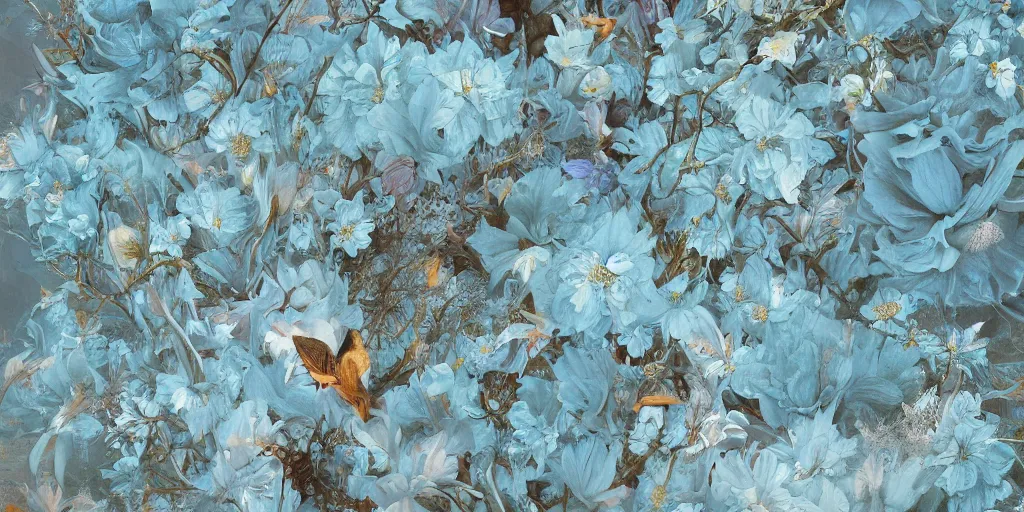 Image similar to breathtaking detailed concept art painting pattern of goddesses of light blue flowers with anxious piercing eyes and blend of flowers and birds, by hsiao - ron cheng and john james audubon, bizarre compositions, exquisite detail, extremely moody lighting, 8 k