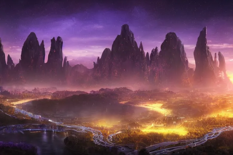 Prompt: An alien city surrounded by black monoliths surging with chaos magic at the bottom of yellow hills with a river running through it, clear purple skies in the background, by Thomas Kincade, Richard Sigamani, 8k photorealistic, cinematic lighting, HD, high details, dramatic, trending on artstation