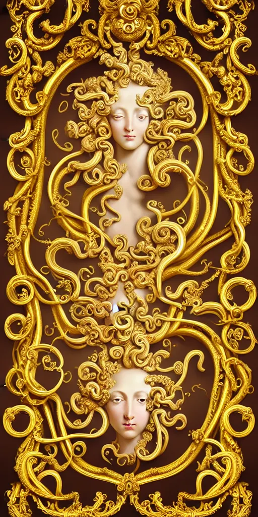 Image similar to the source of future growth dramatic, elaborate emotive Golden Baroque and Rococo styles to emphasise beauty as a transcendental, seamless pattern, symmetrical, large motifs, versace medusa logo, bvlgari jewelry, rainbow liquid splashing and flowing, Palace of Versailles, 8k image, supersharp, spirals and swirls in rococo style, medallions, iridescent black and rainbow colors with gold accents, perfect symmetry, High Definition, photorealistic, masterpiece, smooth gradients, high contrast, 3D, no blur, sharp focus, photorealistic, insanely detailed and intricate, cinematic lighting, Octane render, epic scene, 8K