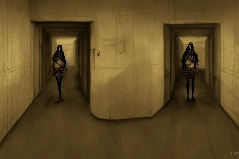 Image similar to scary ginger twin girls standing in an haunted endless hallway, illustration, horror, dark, dramatic lighting, digital art, unique, trending on artstation, artistic, symmetrical, inspired by wes anderson