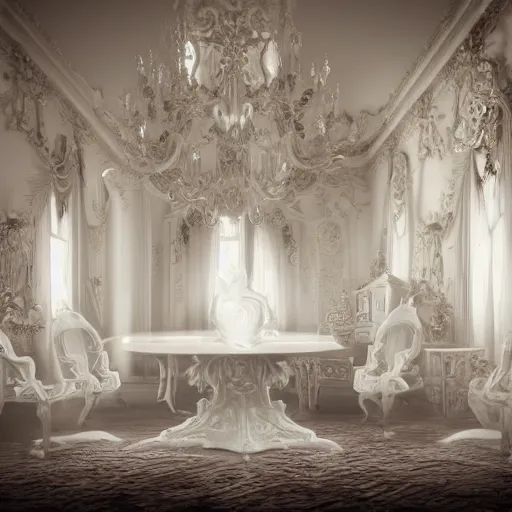 Image similar to explosion of a Gothic baroque white porcelain room furnished with baroque furniture made of white porcelain and white veils, everything is shattered. trending on artstation, sensual gloomy, volumetric clouds, unreal render, depth of field