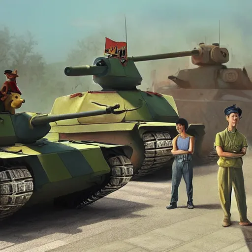 Prompt: winnie the pooh sitting in front of chinese type 5 9 battletank at 1 9 8 9 tiananmen square protest, highly detailed, photorealistic, octane render, 8 k, unreal engine. art by artgerm and greg rutkowski and alphonse mucha, epic vibrant