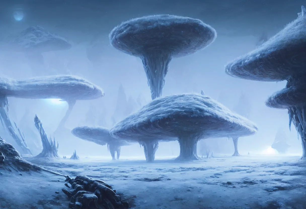 Prompt: ground level view, surface of frozen winter alien planet. morning fog, ultra high definition, ultra detailed, matte painting, by greg rutkowski and ross tran and wlop