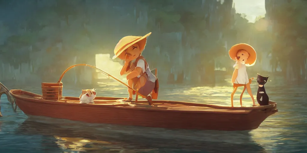 Image similar to a wholesome animation key shot of a cute cat on a fishing boat wearing a sunhat, studio ghibli, pixar and disney animation, sharp, rendered in unreal engine 5, anime key art by greg rutkowski, bloom, dramatic, dynamic lighting