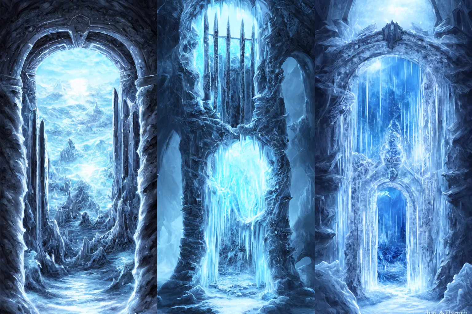 Prompt: The gate to the eternal kingdom of Ice, fantasy, digital art, HD, detailed.