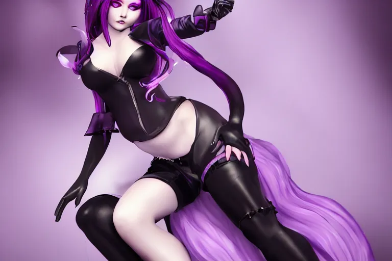 Prompt: feminine elegant goth beauty with purple hair and curvy tight black nylon outfit, cgsociety, realistic, highly detailed, attractive, 16k, smooth, sharp focus, trending on ArtStation, hyperdetailed, volumetric lighting