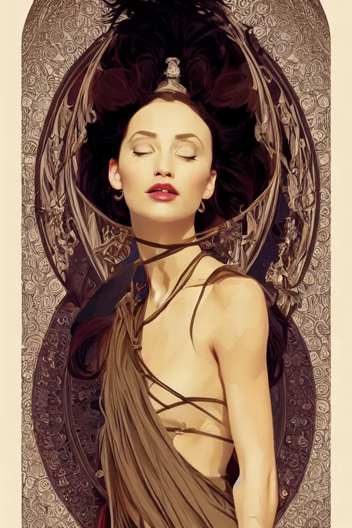 Image similar to high priestess, no noise, elegant, concept art, sharp focus, beautiful face!!, digital art, smooth defined outlines!!, human anatomy, human structure, vector background, by Brom, trending on Artstation, Alphonse Mucha, Tom Bagshaw, Sargent