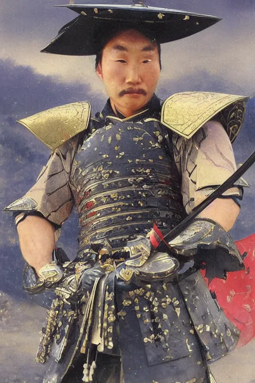 Image similar to close up of a fantasy samurai general in full armor on a battlefield during edo period, by vladimir volegov and alexander averin and delphin enjolras and daniel f. gerhartz