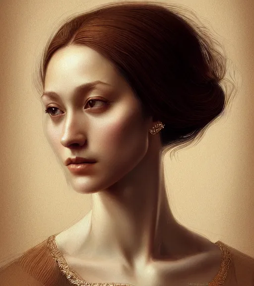 Image similar to portrait of a woman in heightened detail, poised, detailed facial expression, detailed surroundings, intricate, elegant, highly detailed, centered, digital painting, artstation, concept art, smooth, sharp focus, illustration, by ( leonardo da vinci ), wlop