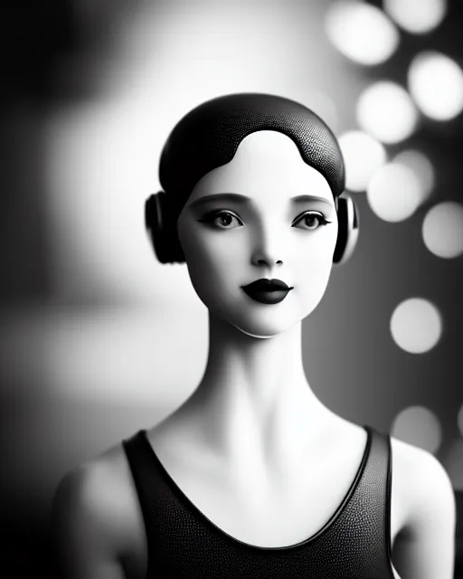 Image similar to black and white dreamy young beautiful female artificial intelligence, cinematic, rim light, bokeh, photo - realistic, elegant, high detail, 8 k, masterpiece, photo taken in 1 9 3 0